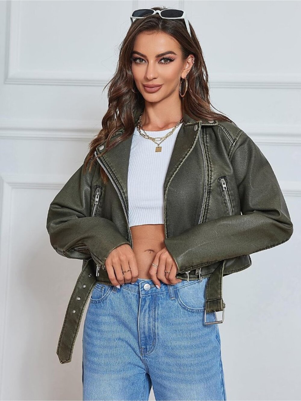 Women's Dark Green Leather Asymmetric Belted Zipper Biker Cropped Bomber Jacket - Picture 3 of 6